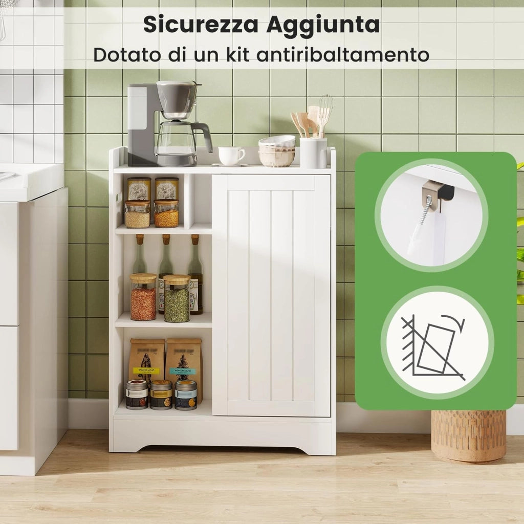 Mobile da Bagno, Armadietto Sottile con Porta Carta Igienica, Scomparto per Spazzolino e Ripiani Regolabili Accanto al WC, Armadio con Porta Scorrevole per Spazi Ridotti (Bianco)