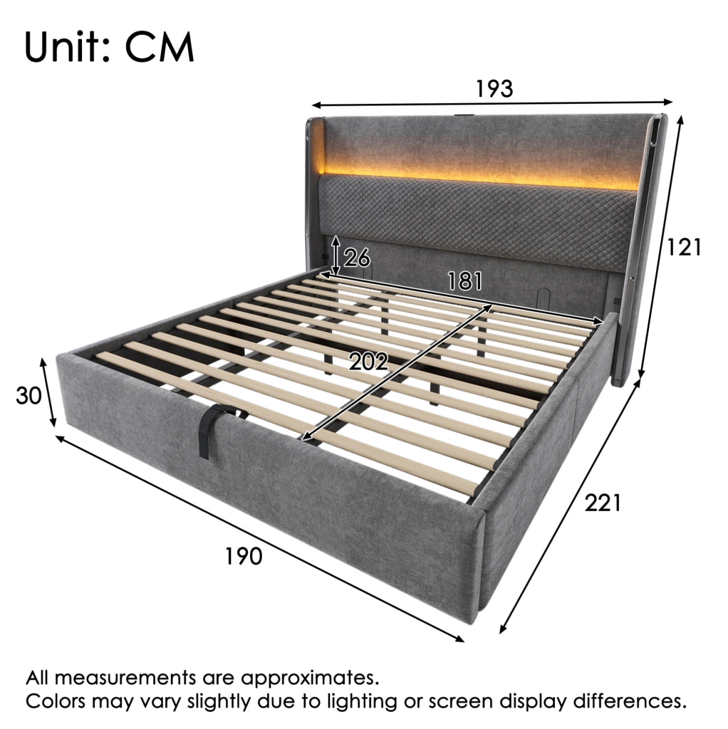 Letto matrimoniale contenitore idraulico 180 × 200 cm con LED; USB e Type-C; lino grigio