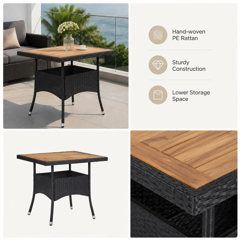 Garden Dining Table, Black Poly Rattan And Solid Acacia Wood