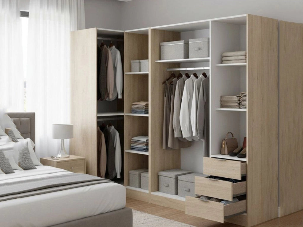 Guardaroba Atena, Mobile angolare per camera da letto, Armadio appendiabiti ad angolo a 5 ante battenti, 214x91h184 cm, Rovere