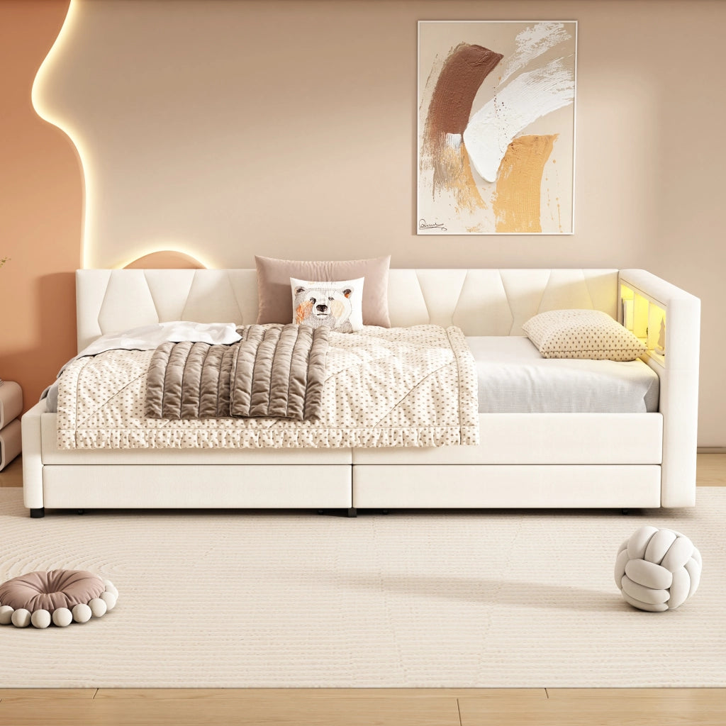 Letto singolo 90×200 cm con LED; USB Type-C; 2 cassetti e ripiani; senza materasso; lino; beige