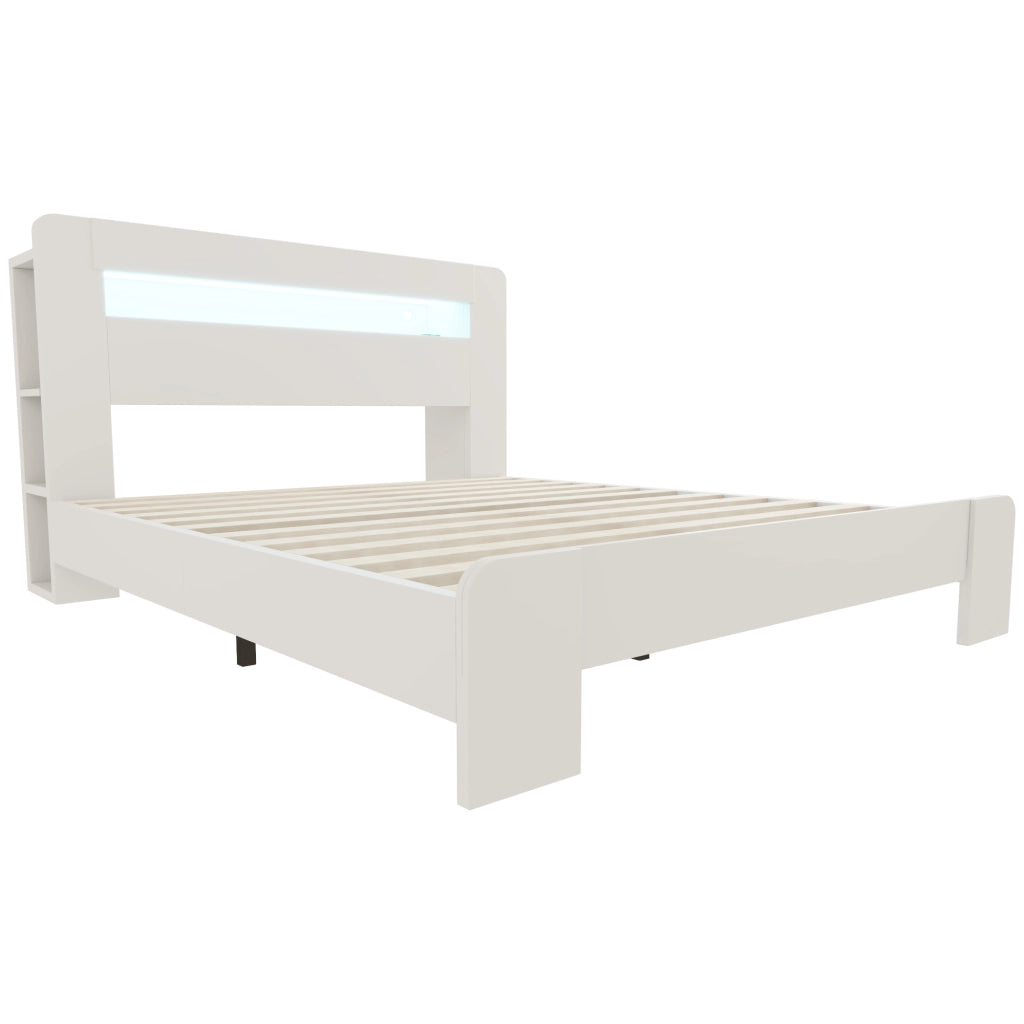 Letto matrimoniale bianco 140x200 cm con testiera contenitore; LED e prese integrate