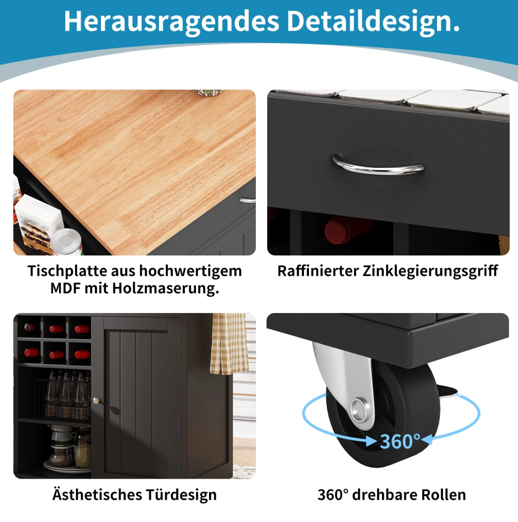 CARRELLO CUCINA 102x45x92 cm Nero in MDF e Metallo