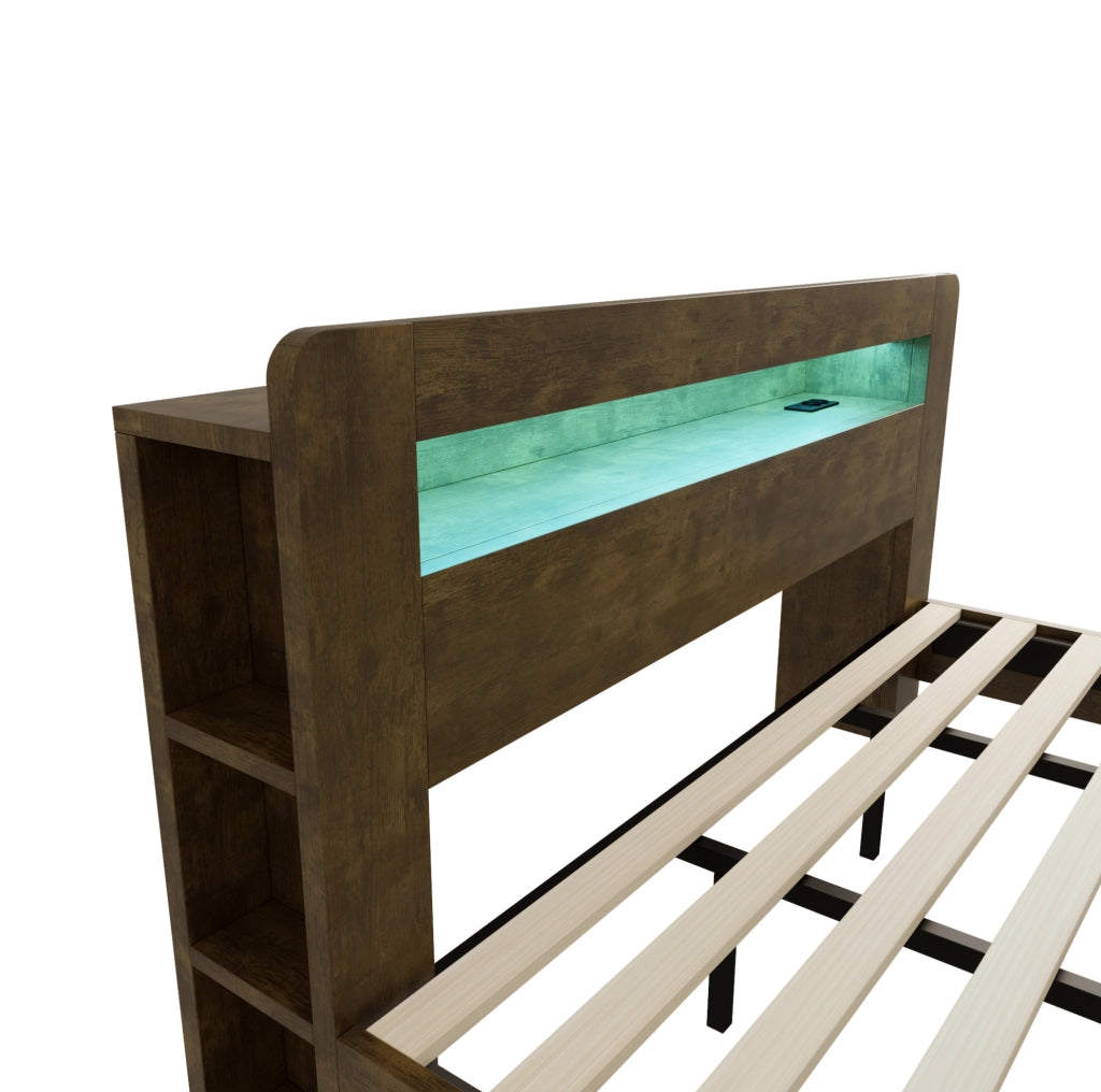 Letto a piattaforma 180x200 cm con testiera contenitore, LED e prese in legno