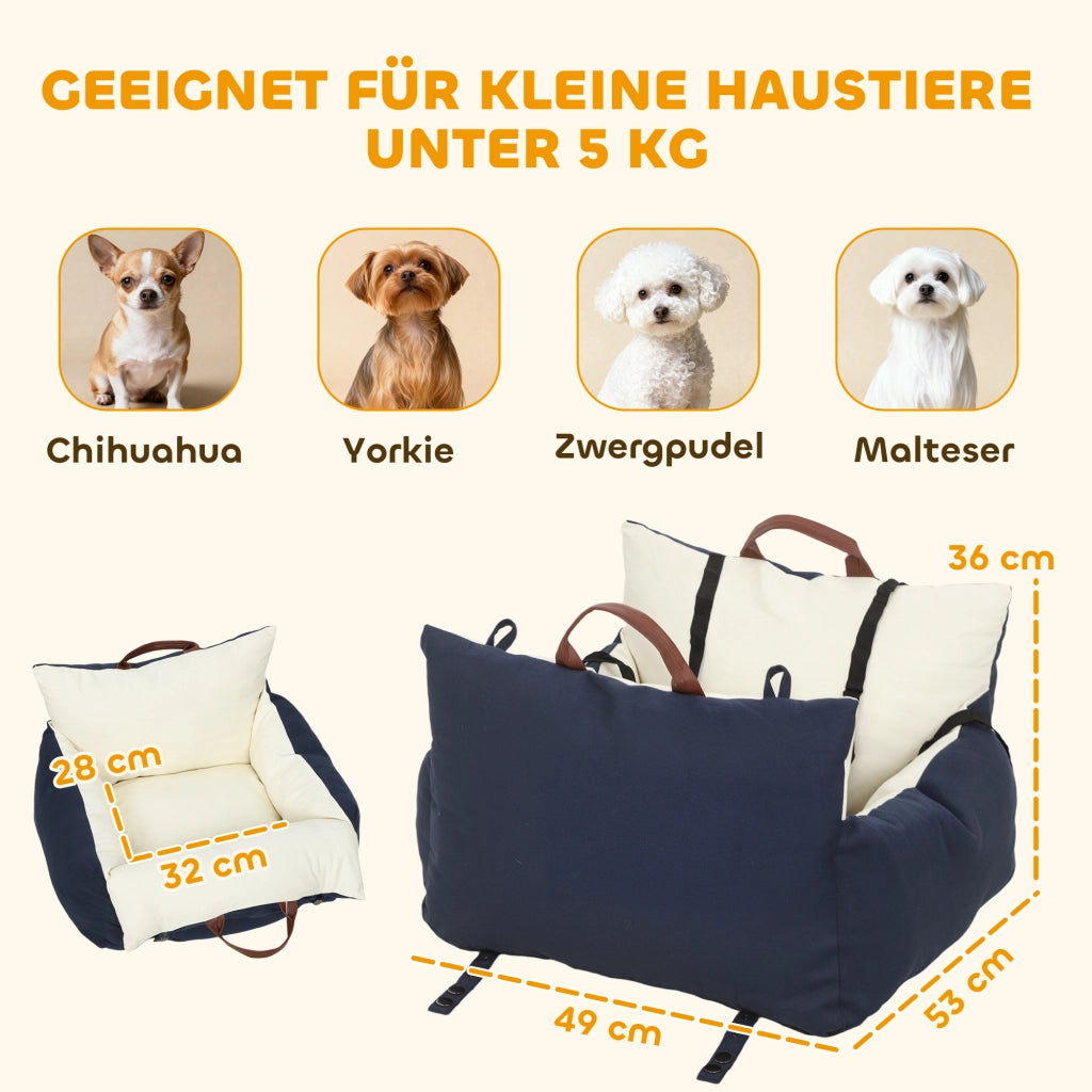 Seggiolino auto per cani fino a 5 kg con 2 cinture di sicurezza, cuscino viaggio animali con fodera lavabile, pratico e confortevole, blu