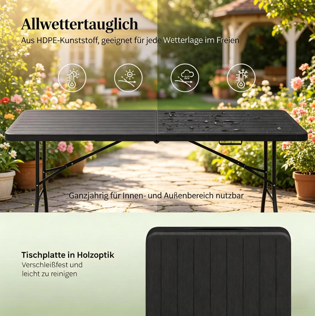 Tavolo pieghevole da esterno 180x74 cm nero in HDPE