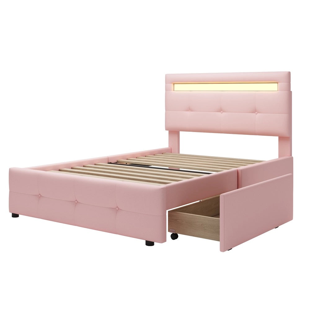 Letto Singolo Imbottito con LED e Cassetti ¨C MINIMAL ¨C Rosa, 90x200