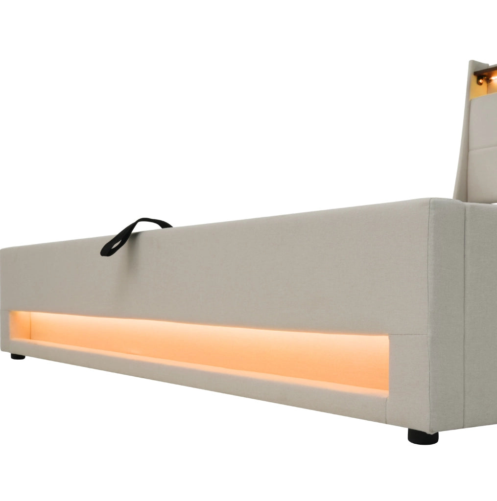 Letto imbottito 140x200 cm beige con LED, USB e contenitore