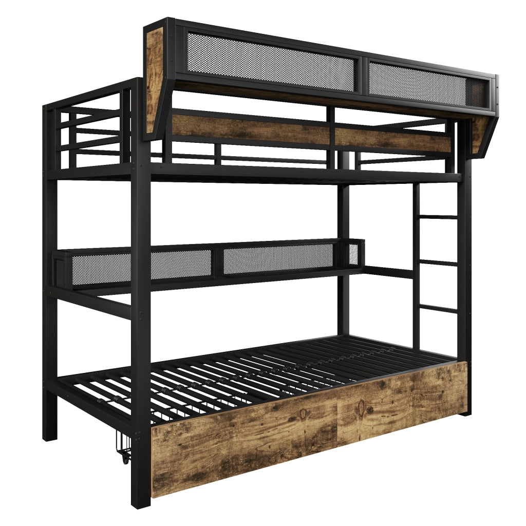 Letto a soppalco 90x200 cm in metallo e MDF; nero; con cassetti e luce LED