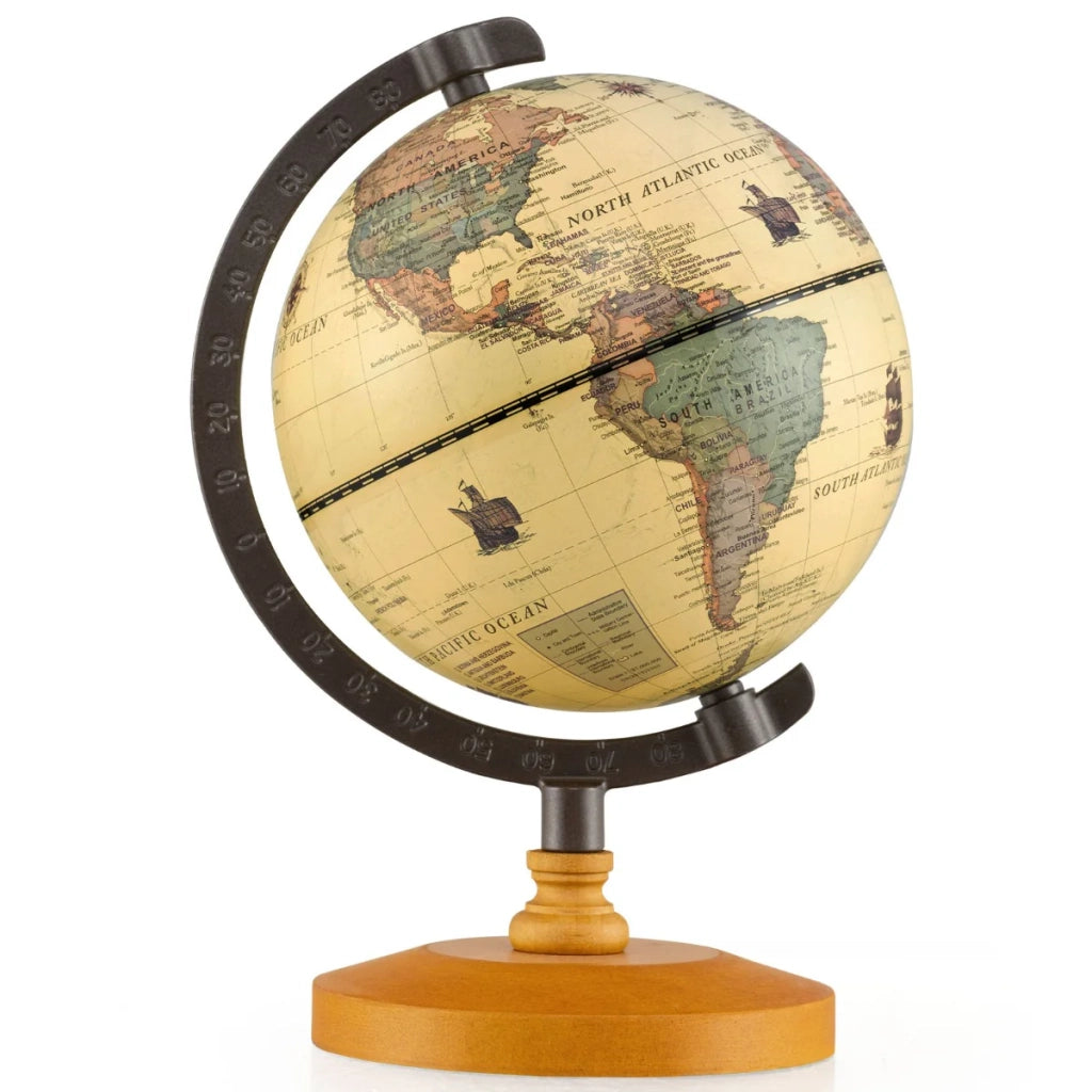 Mini mappamondo antico girevole 14 cm con base in legno per uso didattico e decorazione vintage in bronzo 20_0017260
