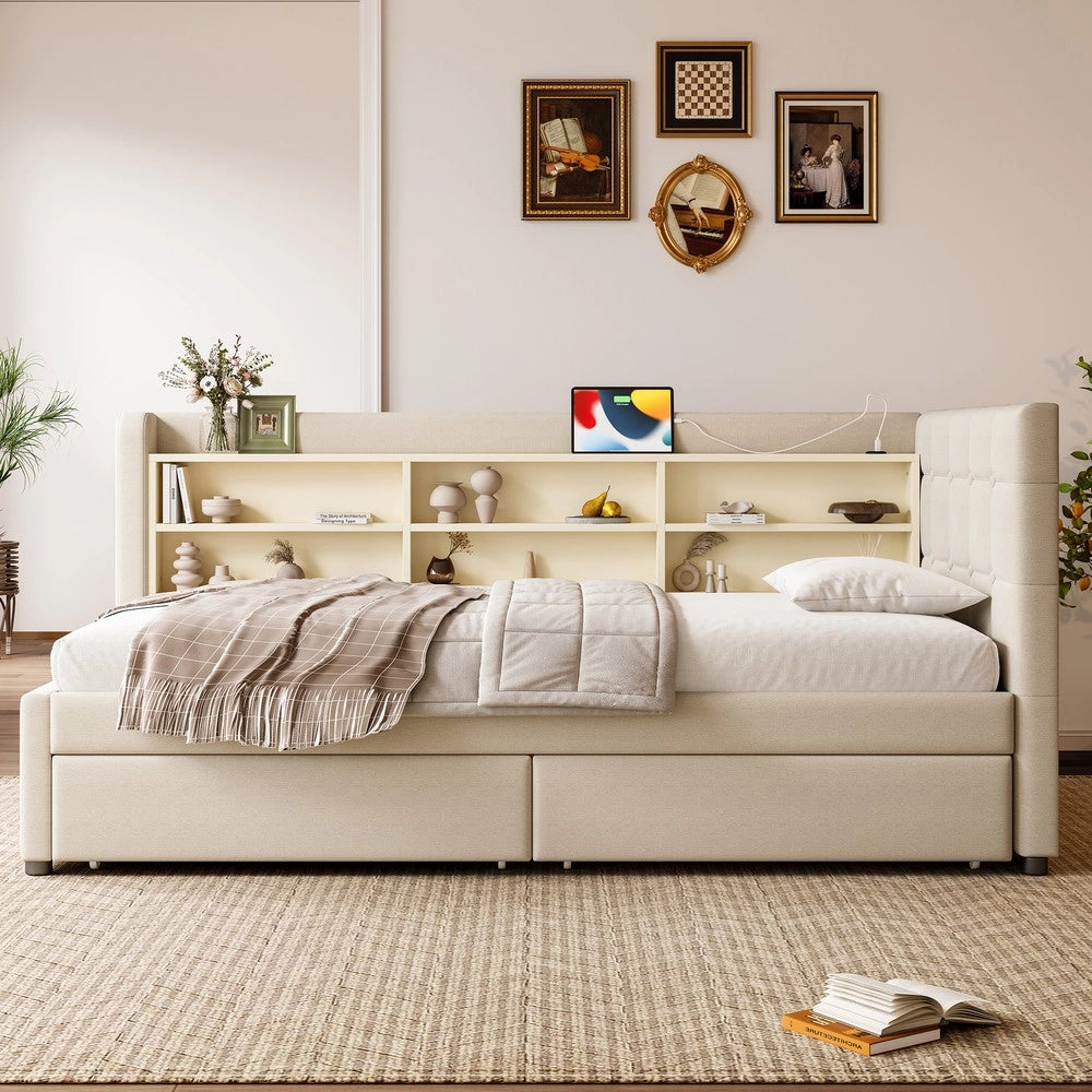 Letto Diurno con Cassetti e Rete a Doghe ¨C MINIMAL ¨C Lino Beige 90x200