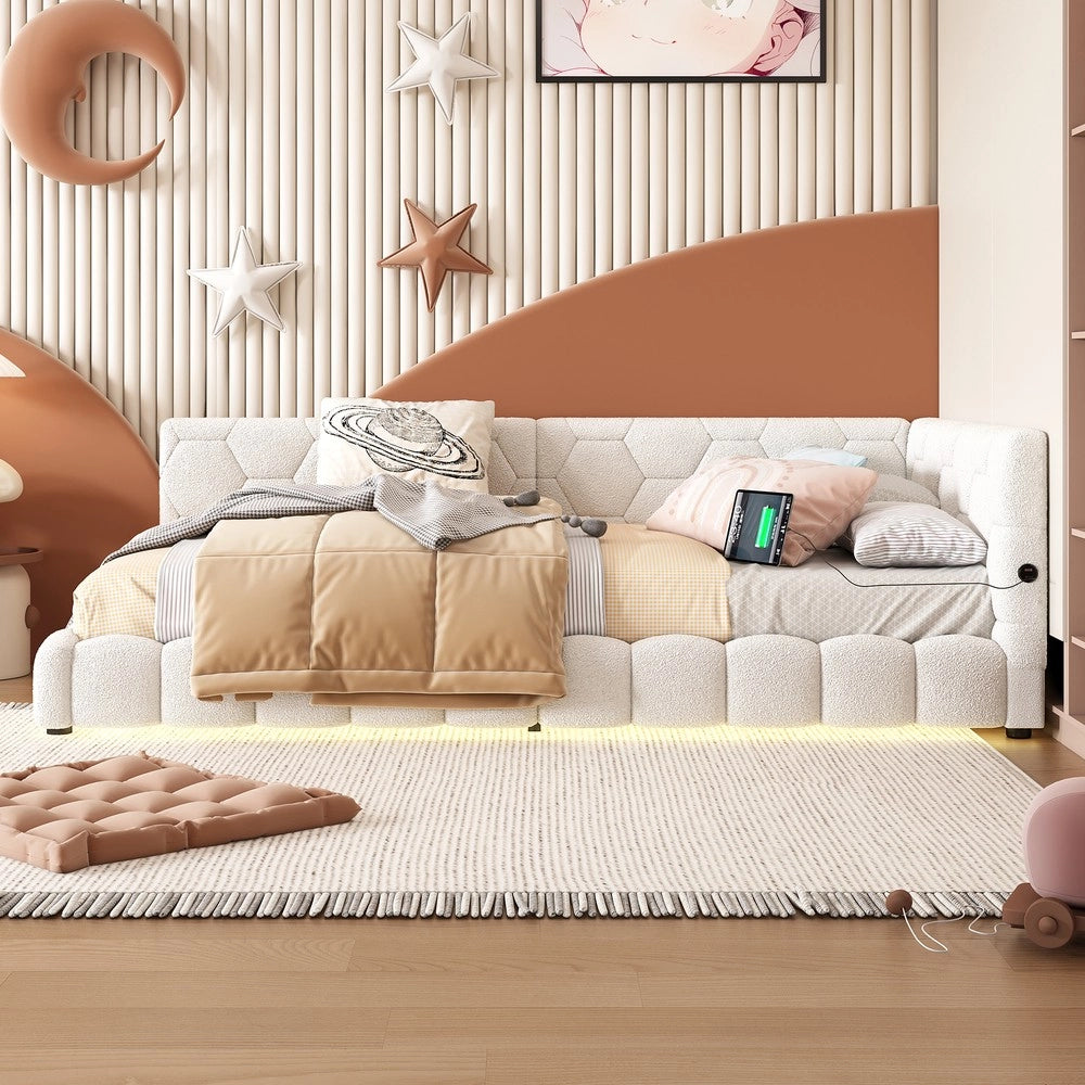 Letto daybett con rete a doghe e LED ¨C Minimal ¨C Bianco similpelle 90x200cm con USB Type-C