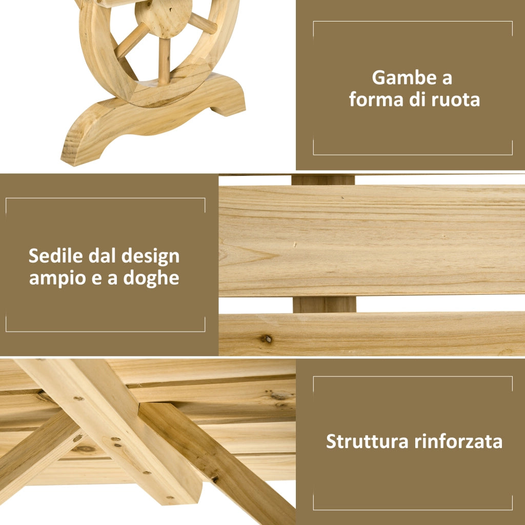 Panchina da Giardino 2 Posti a Doghe con Gambe a Ruota di Carro, in Legno, 98x50x39.5 cm, color Legno
