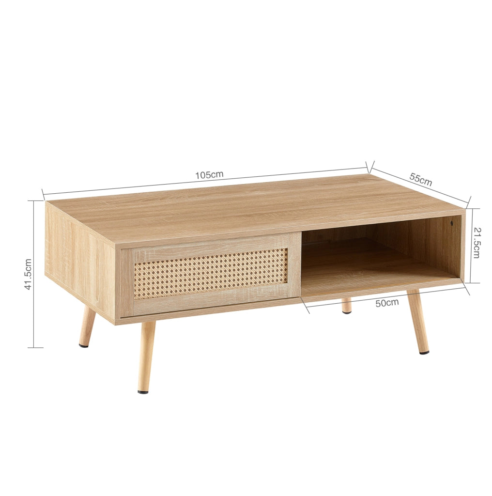 Tavolino 105x55x41,5 cm MDF finitura naturale anta scorrevole effetto rattan