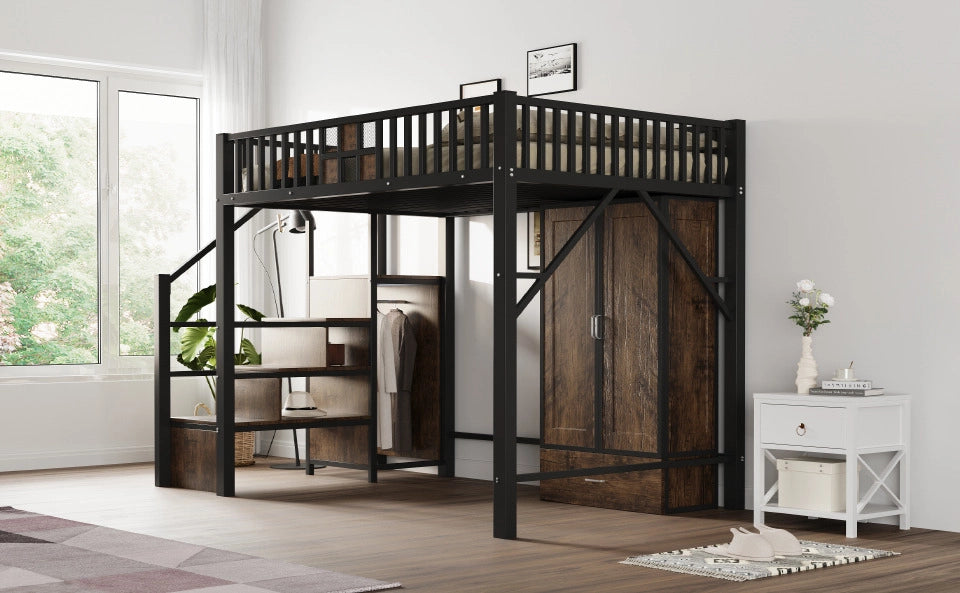 LETTO a soppalco 140 x 200 cm Nero in metallo e legno con armadio e scala