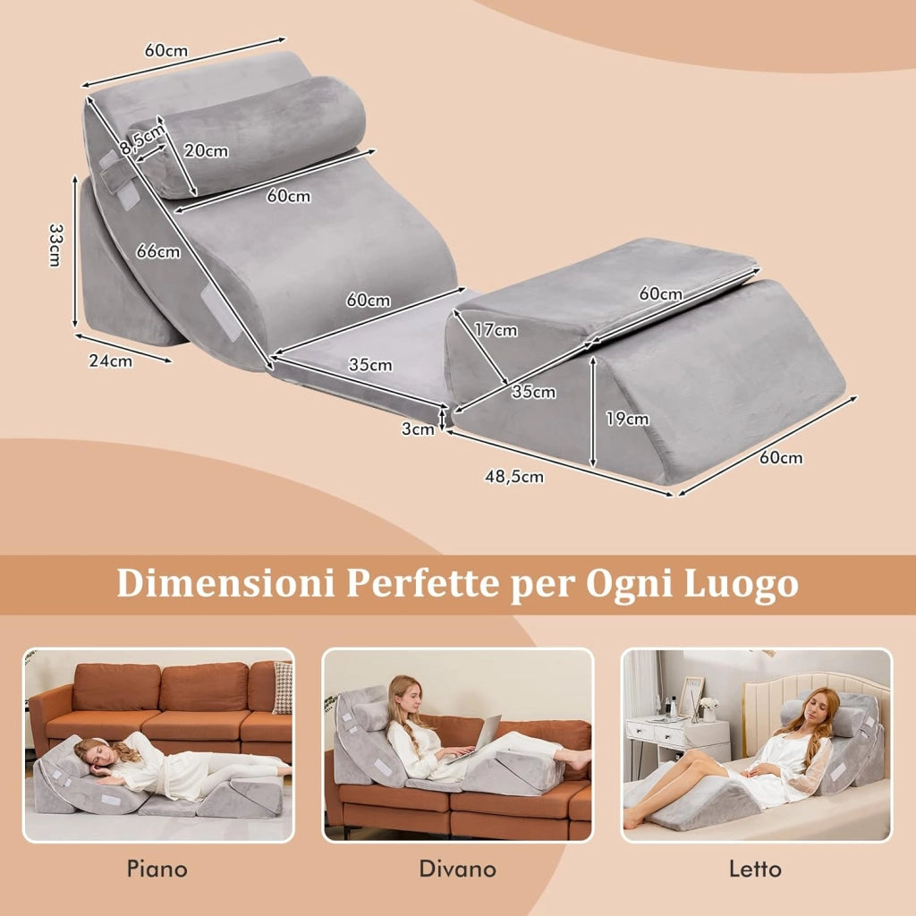 Set di 4/6 Cuscini Regolabili a Cuneo, Cuscino a Cuneo per Letto in Memory Foam, per Alleviare il Dolore alla Schiena Collo e alle Gambe, Poggiatesta Rimovibile, Grigio (6 Pezzi)
