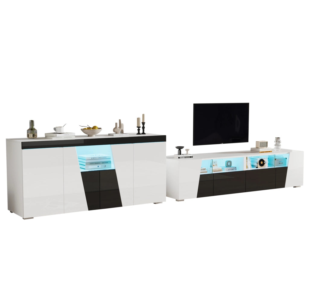 Set mobile TV LED e sideboard; bianco e nero; 180 × 38;5 × 45 cm e 140 × 40 × 65 cm