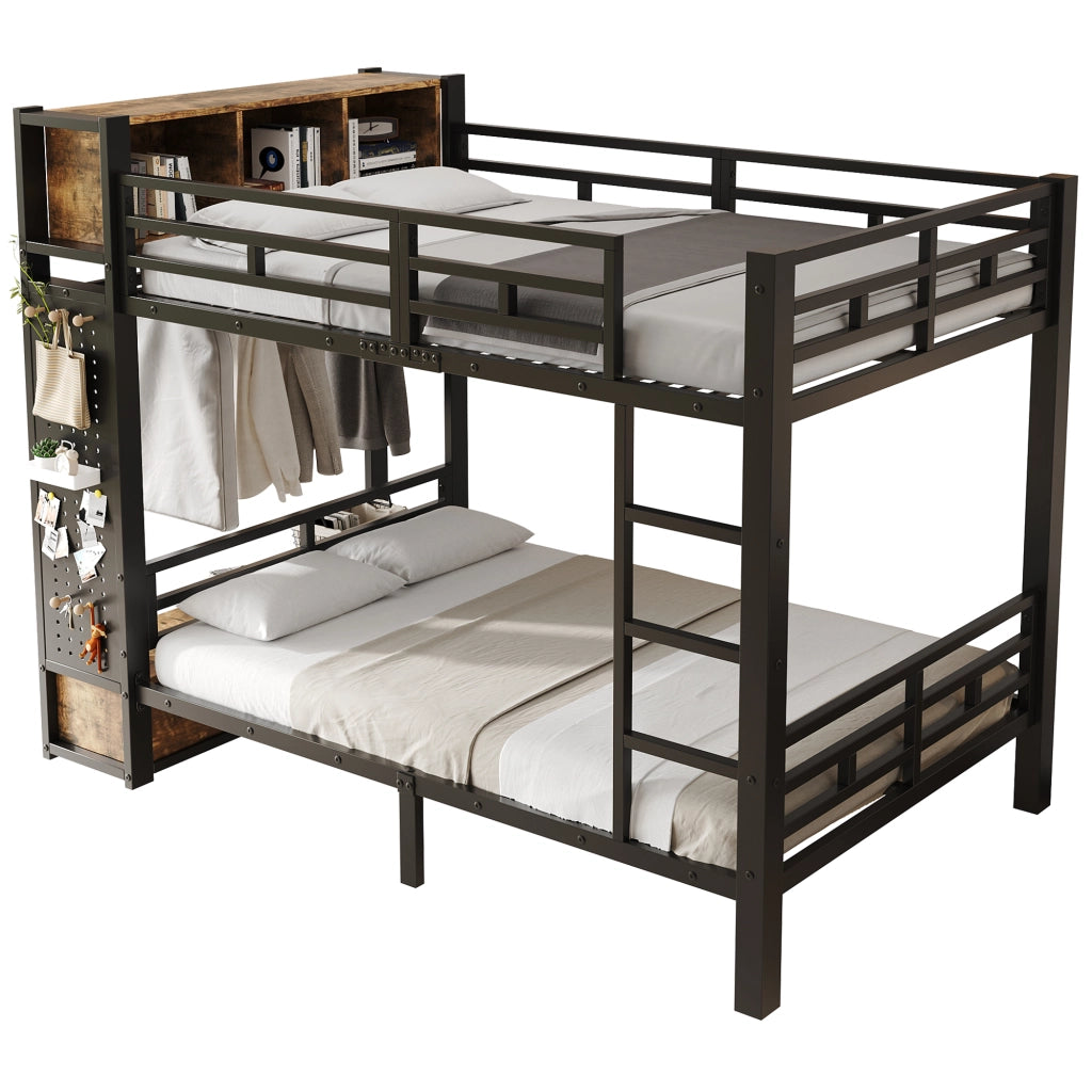 Letto a Castello 120x200 cm LEMONMAX con Armadio, Cassetto, Pannello Forato e Mensole, Metallo Nero, Salvaspazio, EN747, Portata 150 kg