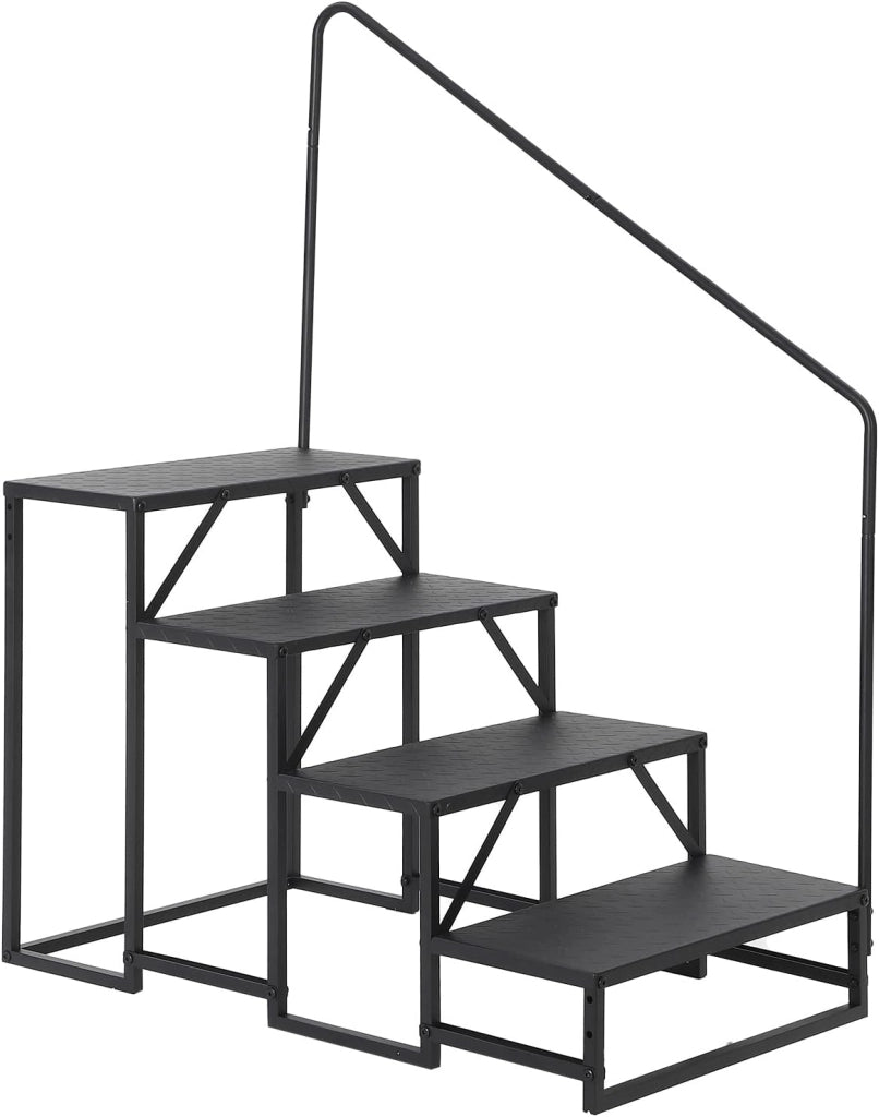 Scala esterna a 4 gradini per camper con corrimano - Antiscivolo; in acciaio robusto; portata 300 kg - Nastro giallo/nero; 66 x 108 x 147 cm