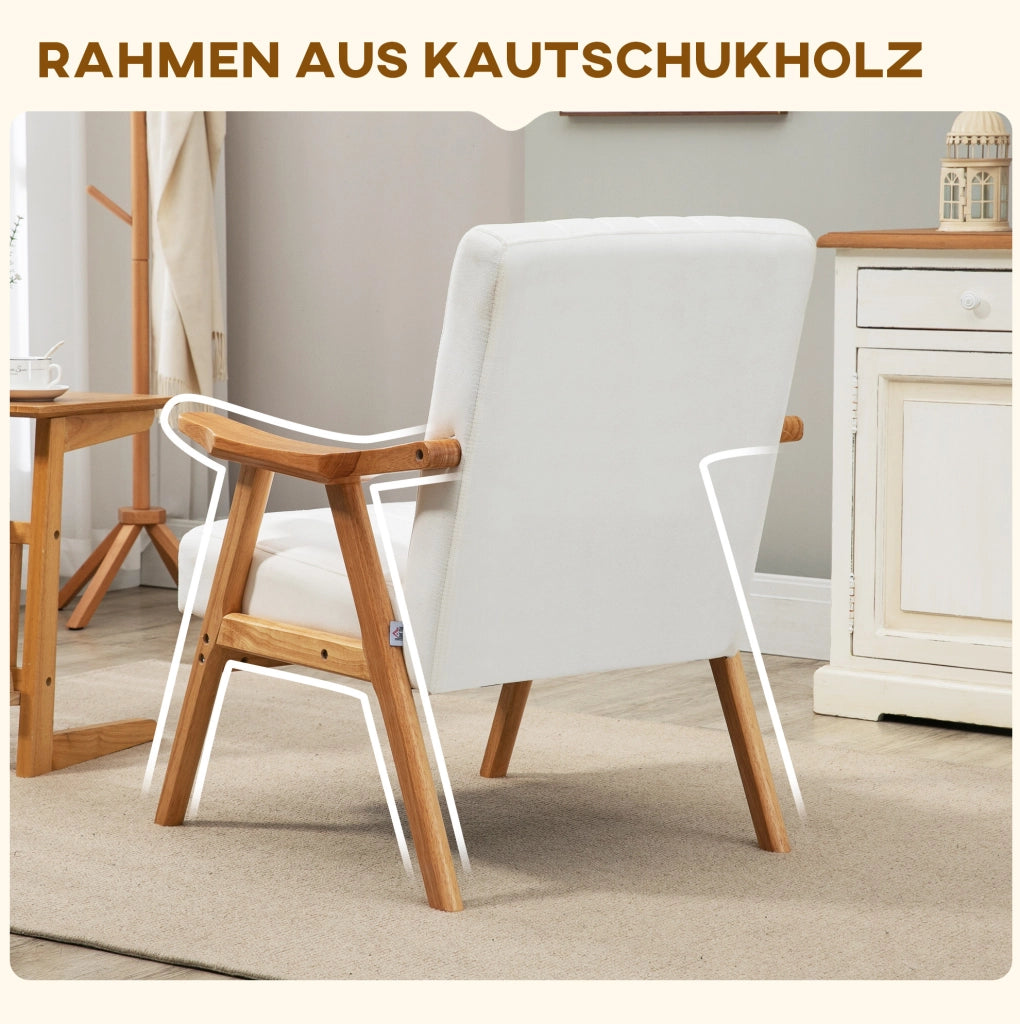 Poltrona lounge in velluto crema con braccioli, design scandinavo, 68x74x82 cm