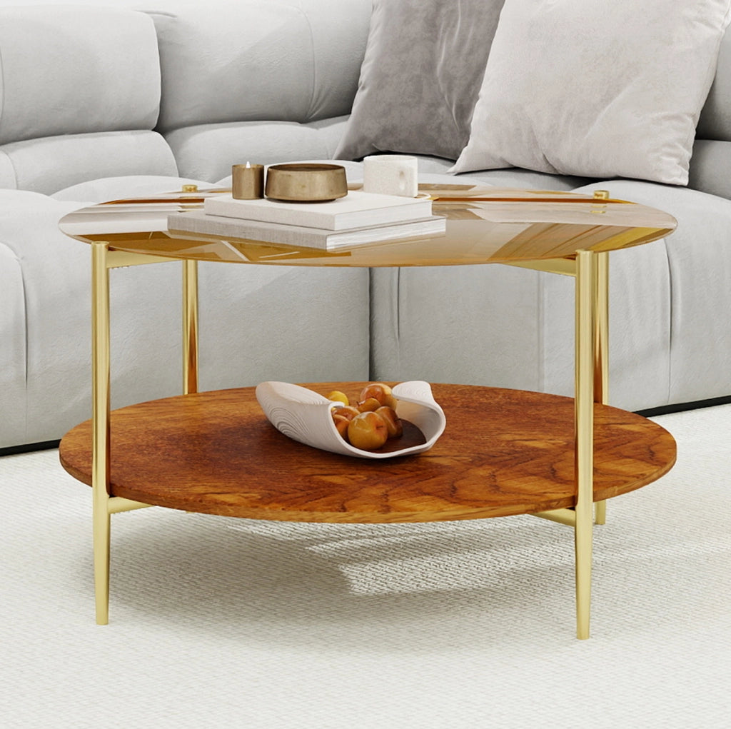 Tavolino da caffè rotondo oro con vetro temperato e base in legno, Ø 82 cm