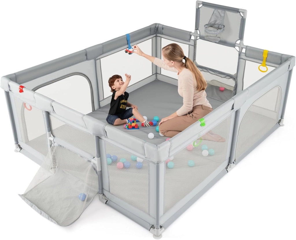 Box Bambini 190 x 160 cm, Recinto Pieghevole Bambini con Canestro da Basket, 2 Porte da Calcio, 50 Palline e 4 Anelli, Centro Attività con Borsa Trasporto per Neonati 0-3 Anni (Grigio)