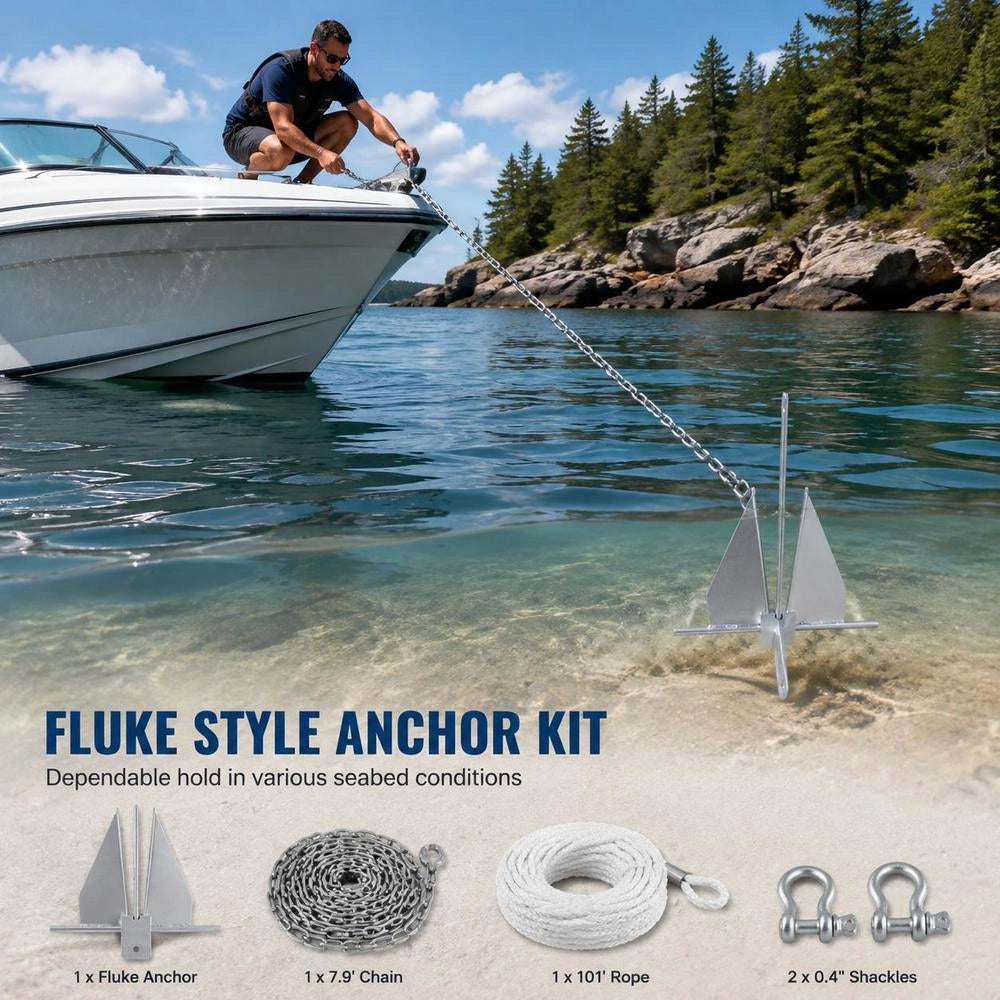 Fluke Anchor Set: Hot-dip Galvanized Steel Fluke Anchor With 2.4 M Chain, 30.8 M Rope And Two 11 Mm Shackles, Boat Anchor For Small Vessels Under 9.14 M, Seas, Rivers And Coasts, 6 Kg