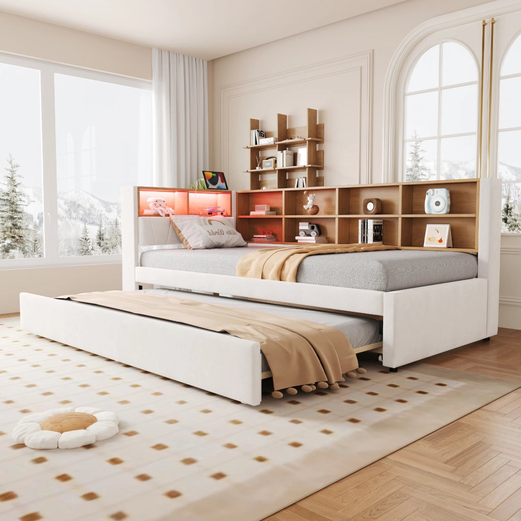 Divano letto con LED, prese e contenitore, 90x200+90x190 cm, flanella beige