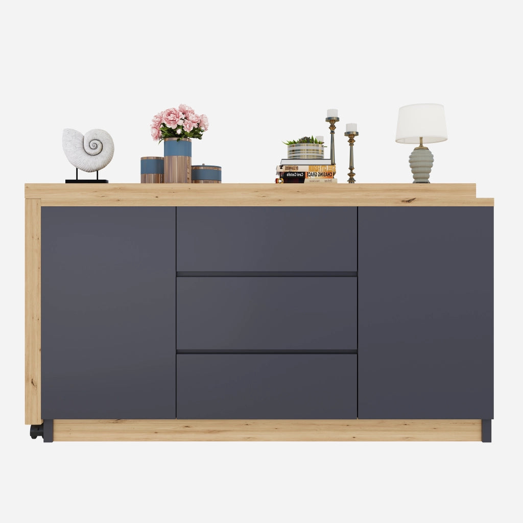 Scrivania con ruote bloccabili ¨C design multifunzionale, piano girevole spesso 4 cm, bloccabile, grigio/quercia, scrivania pieghevole, scrivania ad angolo, sideboard