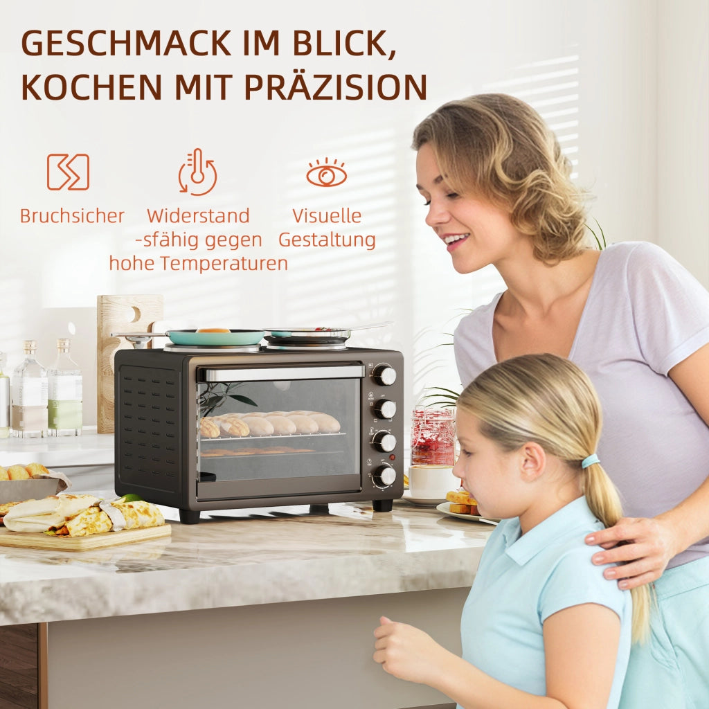 Mini Forno Elettrico 28L 2600W, 100-230°C, Timer 60 Min, con 2 Piastre Riscaldanti, Teglia, Griglia e Vassoio Briciole, Maniglia, Nero