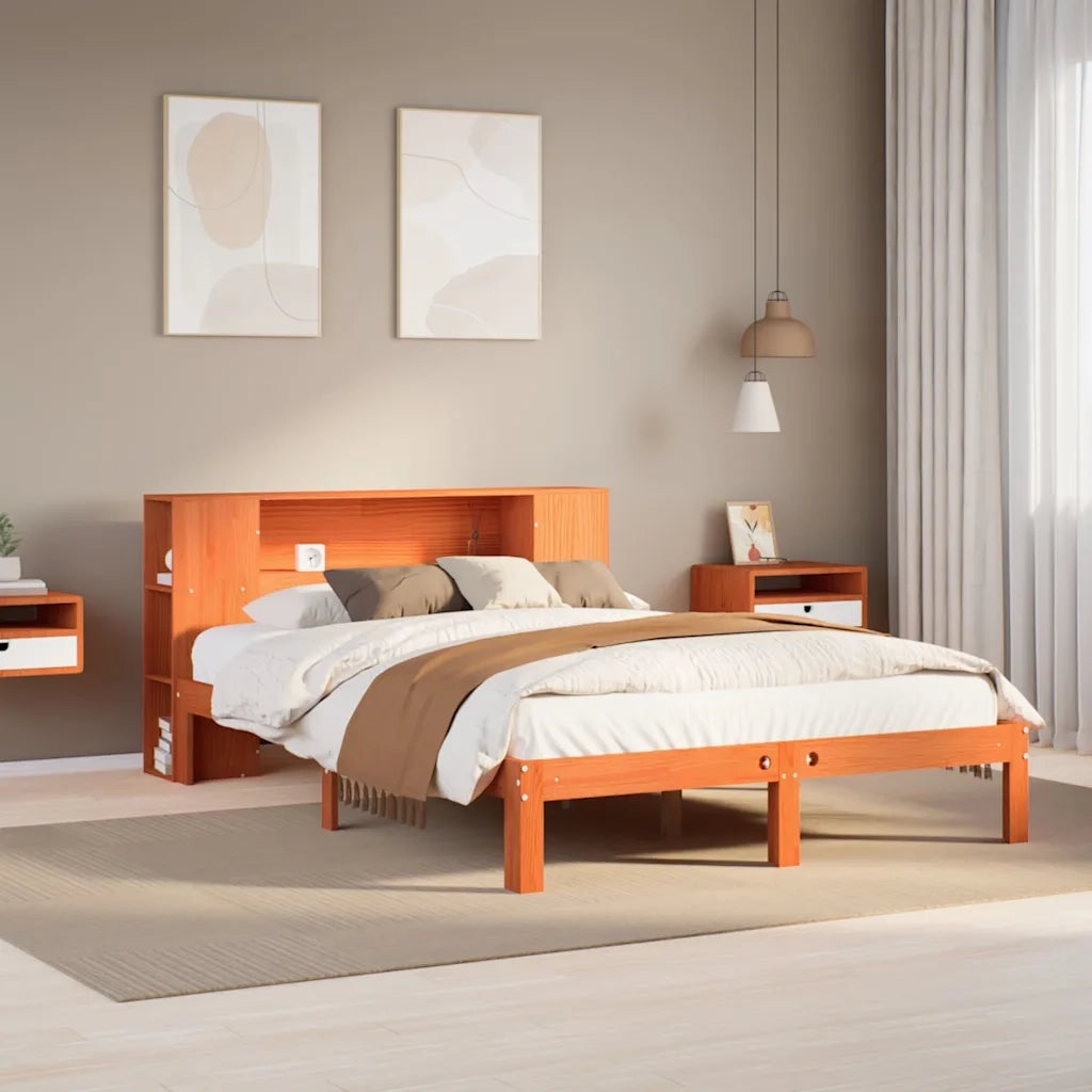 Letto Libreria senza Materasso-Struttura Letto con contenitore Marrone Cera 135x190 cm in Pino 543486
