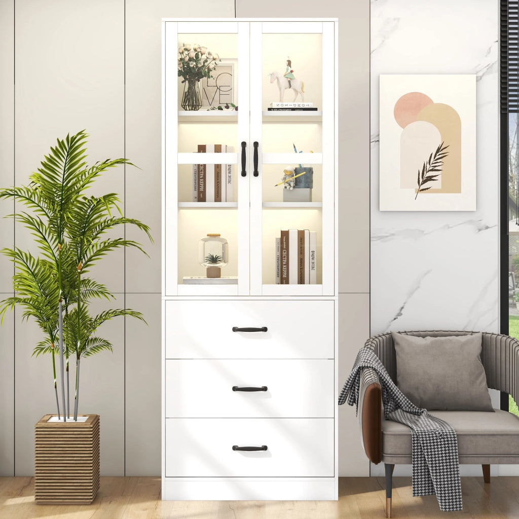 Vetrina con illuminazione LED e 3 cassetti in MDF bianco
