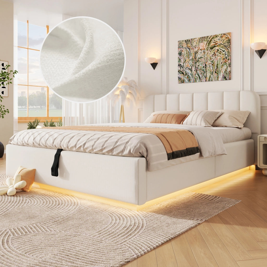 Letto contenitore imbottito in ciniglia 140 x 200 cm, letto matrimoniale con contenitore idraulico, LED, testiera trapuntata e rete a doghe, beige