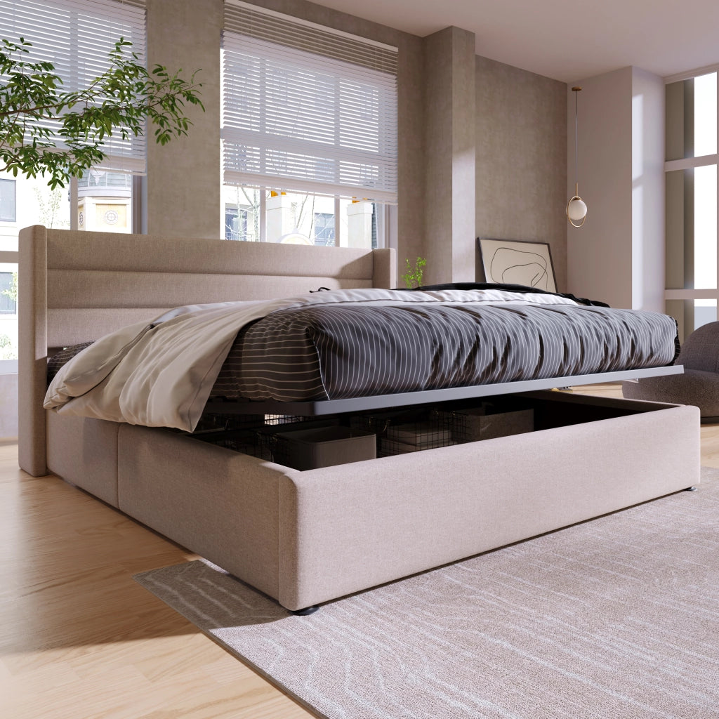 Letto imbottito 160x200 cm con contenitore in lino beige