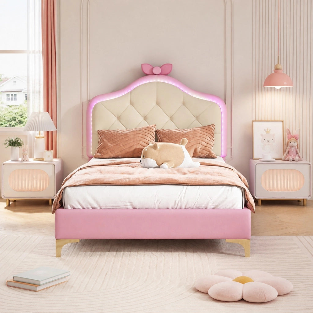 Letto singolo imbottito 90x200 cm con LED multicolore; testiera ondulata in PU rosa e bianco