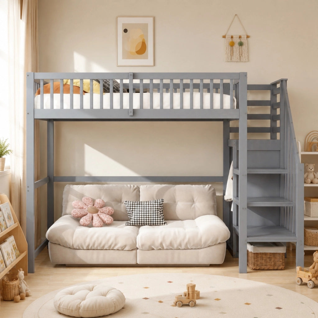 Hochbett 90x200 in legno con scala sicura e armadio integrato