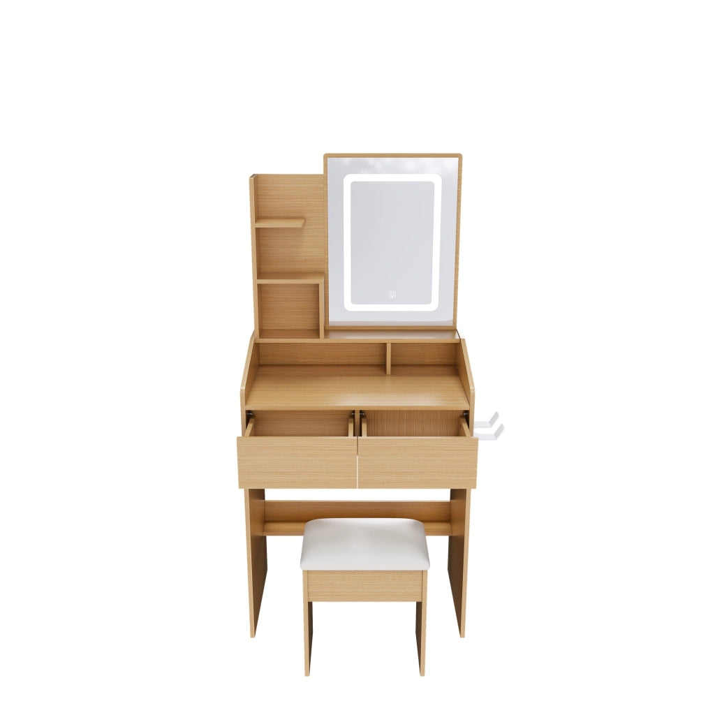 Toeletta con 2 cassetti; specchio LED e porta phon - per camera da letto - 60×36×130 cm