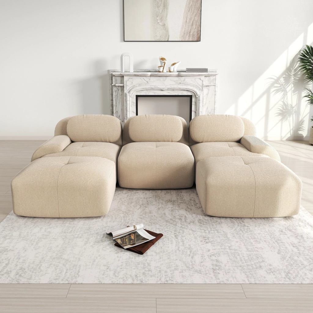 Divano Modulare a U in Velluto a Coste ¨C MINIMAL ¨C Beige, Braccioli Extra, Imbottito