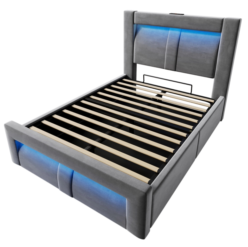 Letto singolo contenitore 90 × 200 cm con LED; USB e Type-C; velluto grigio