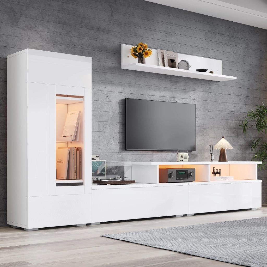 Set mobile TV 3 pezzi 170 cm, 1 ribaltabile + 1 nicchia, 4 ripiani, LED, bianco