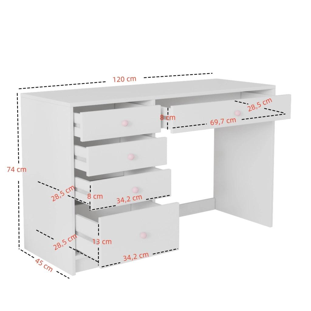 Set scrivania con 5 cassetti e libreria con lavagna 120x45x74 cm; bianco