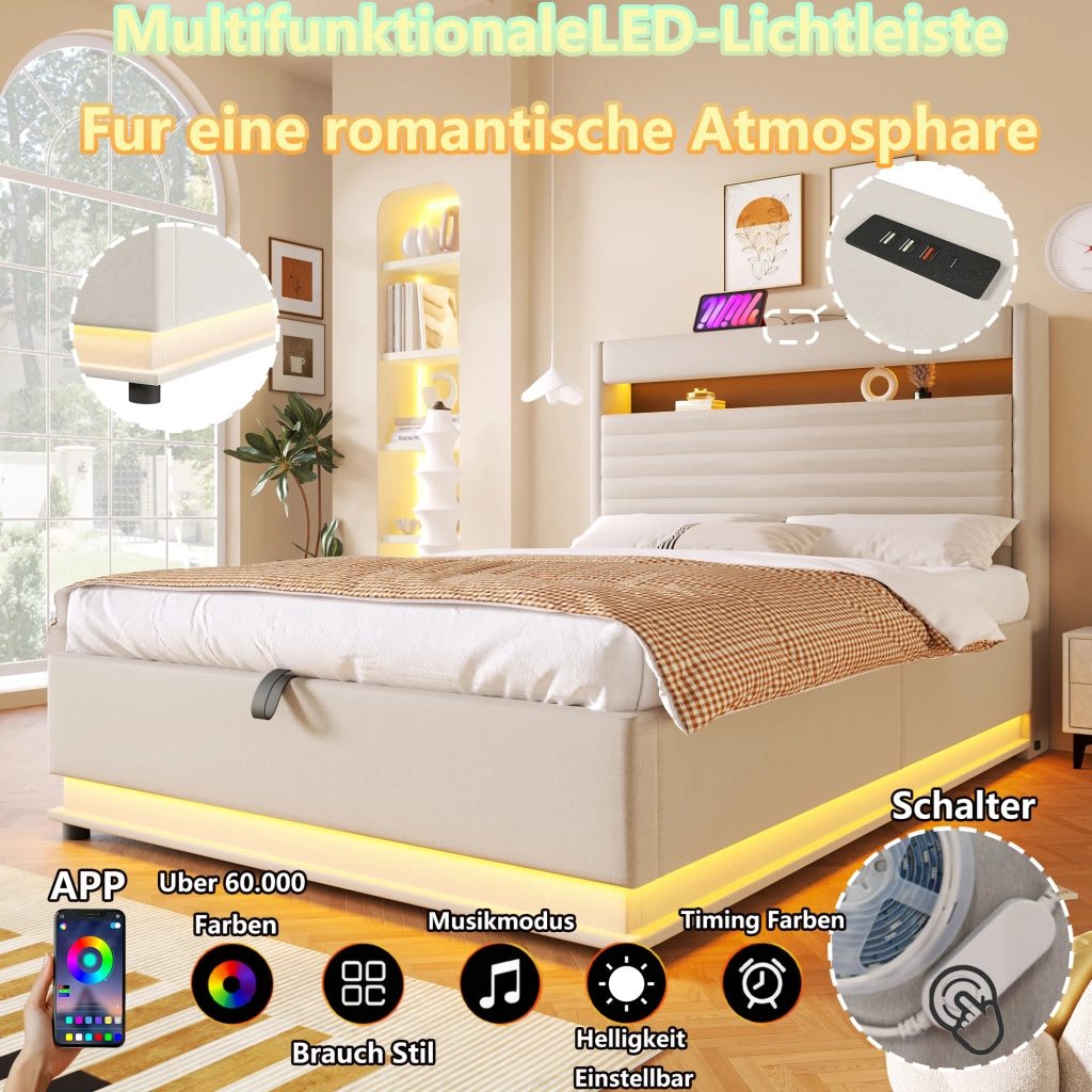 Letto contenitore 140 × 200 cm con LED USB e USB Type-C testiera imbottita in lino beige