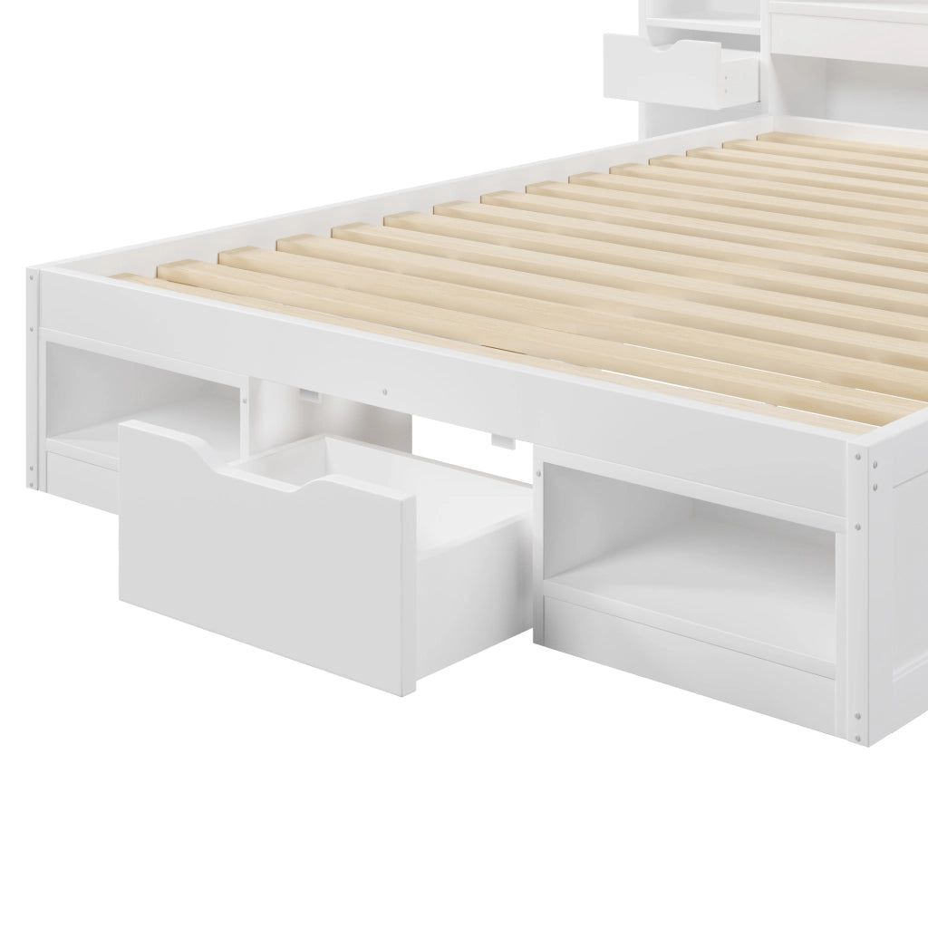 Letto contenitore 140x200 cm con testiera libreria, cassetti, LED e presa USB, bianco
