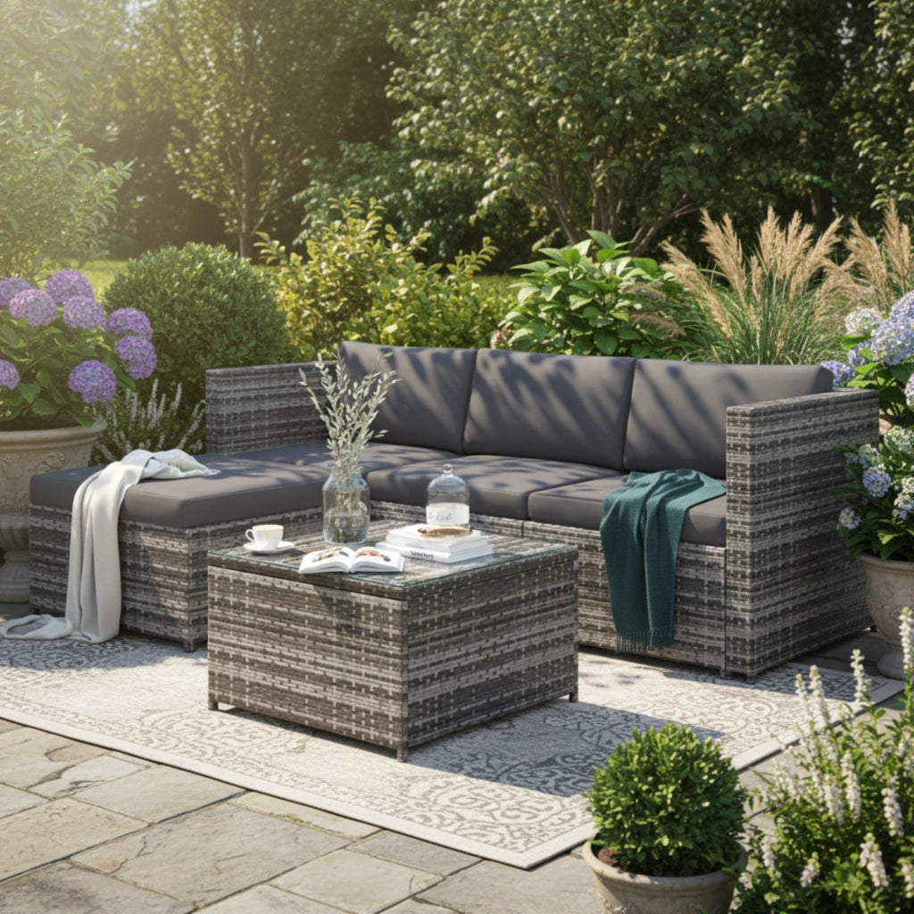 Set da giardino in polyrattan grigio con divano angolare pouf e tavolino in vetro temperato 196 × 136 × 67 cm