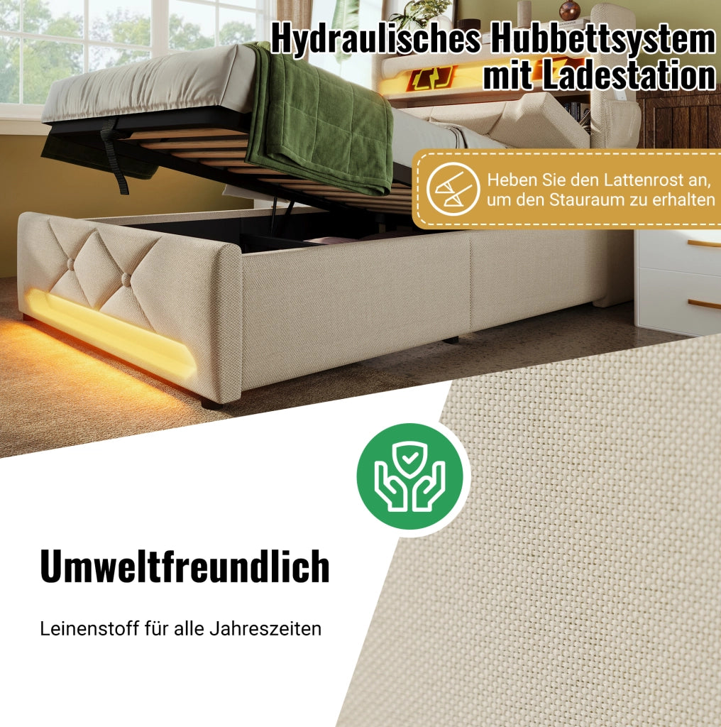 Letto contenitore 180 × 200 cm con LED; USB e Type-C; lino beige
