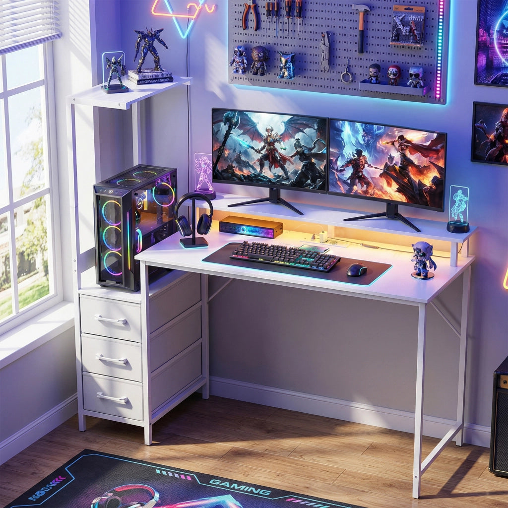 Scrivania Gaming 147 cm, Tavolo per Computer con Supporto CPU Regolabile e Reversibile, Luci RGB, Prese di Alimentazione, Porte USB e USB-C, Supporto Monitor e 3 Cassetti in Tessuto, Bianco