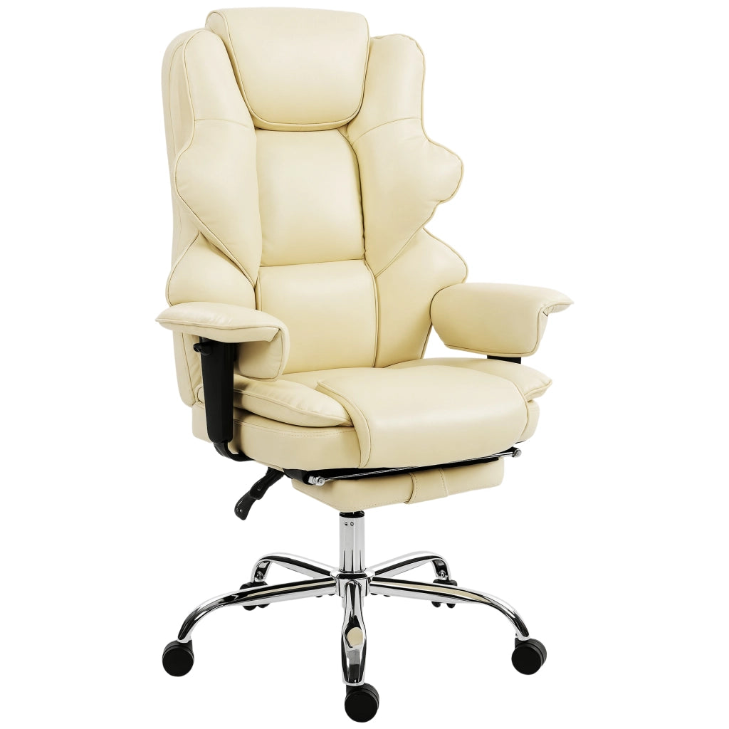 Sedia da Ufficio con Poggiapiedi e Poggiatesta, in Pelle PU, Schiuma e Metallo, 76x73x117-125 cm, Bianco Crema
