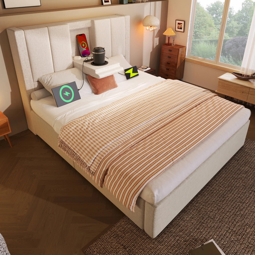 Letto imbottito 90x200 beige con materasso, USB e contenitore