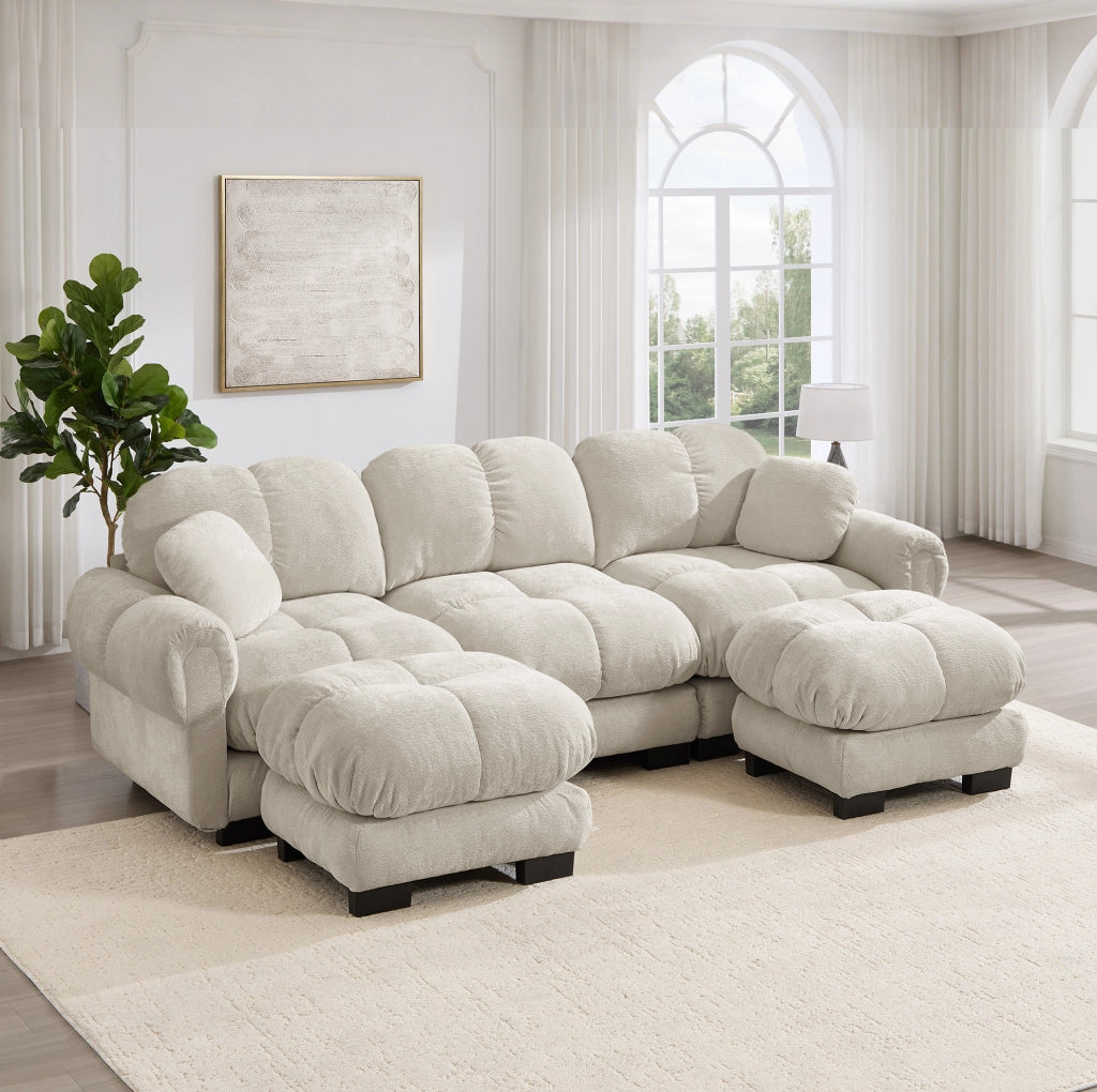 Divano a U 3 posti 260x149x90 cm in ciniglia kaki chiaro con pouf mobile