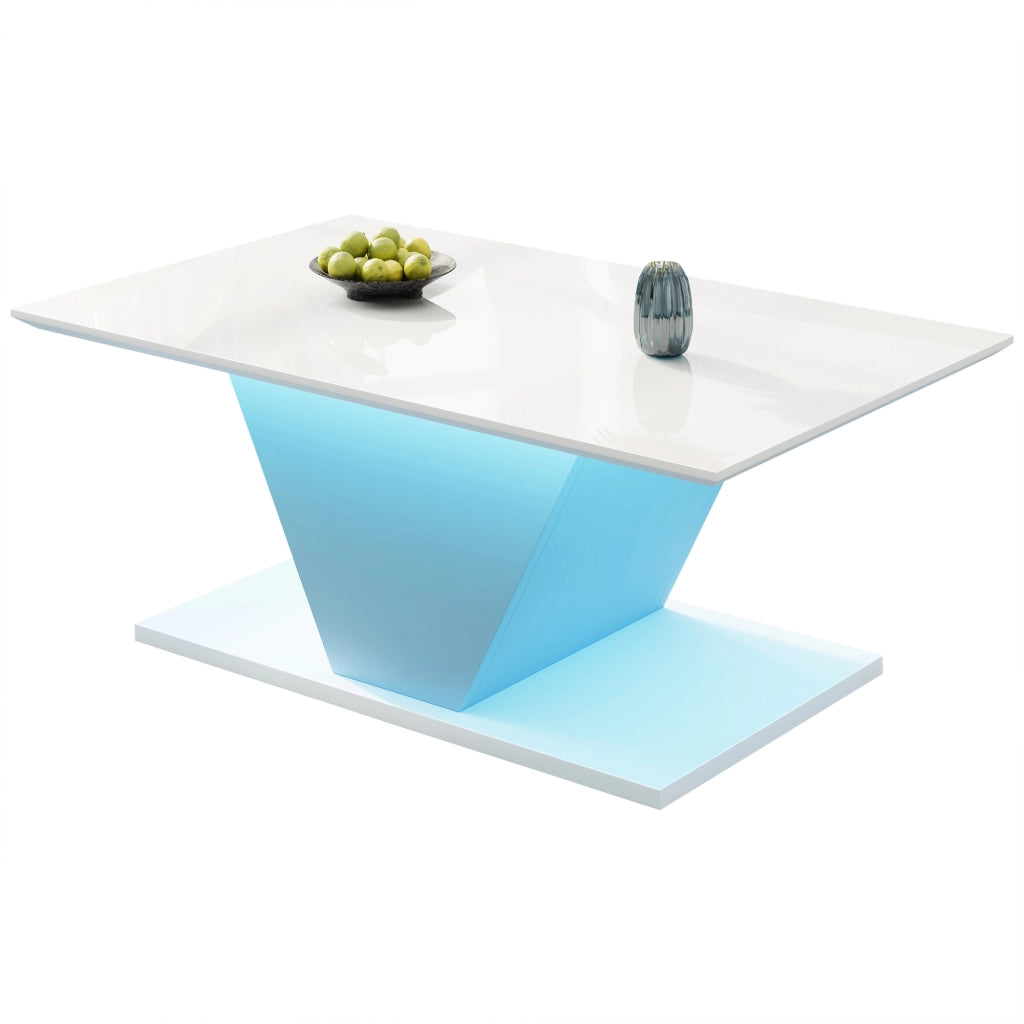 Tavolino da salotto a V con illuminazione LED regolabile e piano lucido, per soggiorno, bianco, 100 × 50 × 46 cm